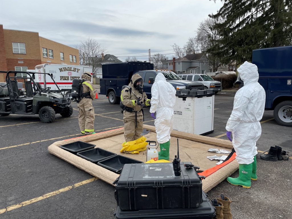 Members of the Ohio National Guard’s 52nd Civil Support Team prepare to enter an incident area to assess and monitor public facilities for any potential remaining hazards with a lightweight inflatable decontamination system (LIDS) in East Palestine, Ohio, Feb. 7, 2023. The LIDS is used to contain any potential contamination that might occur within an incident area following a site assessment. The 52nd CST is supporting local and state authorities with incident assessments and monitoring of hazardous material following a Feb. 3 train derailment in East Palestine. 